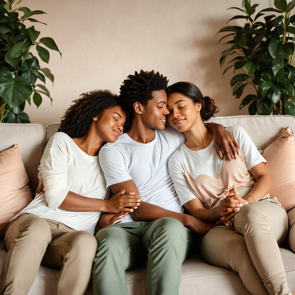 A warm, intimate scene of a couple sitting together on a cozy couch, with soft lighting that enhances the atmosphere of trust and compassion. Surround them with elements that symbolize connection, like intertwined hands and a heart-shaped plant in the background. Include gentle expressions and subtle gestures that convey mutual understanding and care. super-realistic. soft color palette. warm lighting.