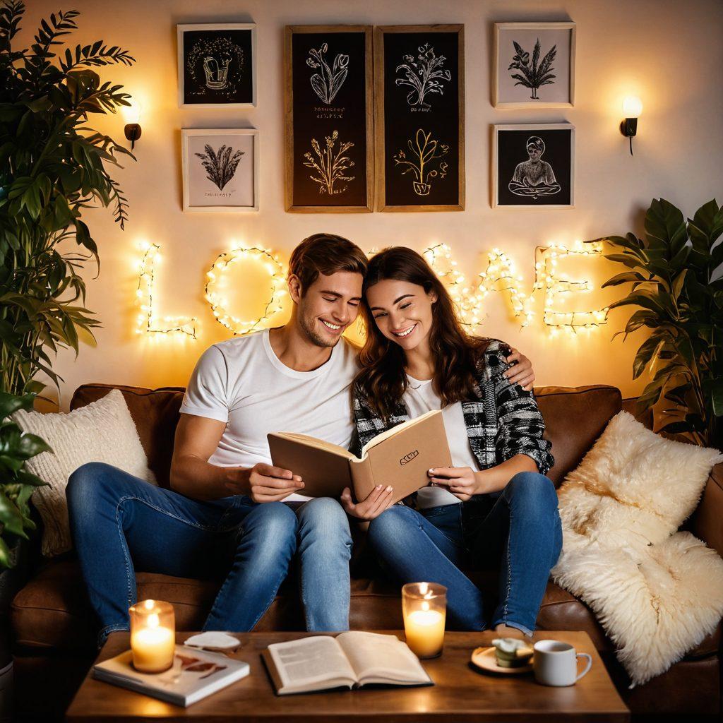 A warm and inviting scene of a happy couple enjoying a cozy evening together, sitting on a couch with soft pillows and warm lighting. In the background, symbols of support and love like plants, framed photos, and books are visible. The couple is smiling, showing affection, with one partner holding a notebook filled with '10 Tips' written on it. The atmosphere exudes warmth, connection, and harmony. super-realistic. vibrant colors. cozy ambiance.